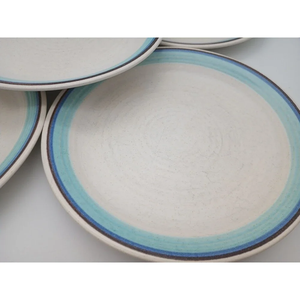 5 Vtg Franciscan Malibu Salad Luncheon Lunch Plates  Blue Brown Rings Stoneware